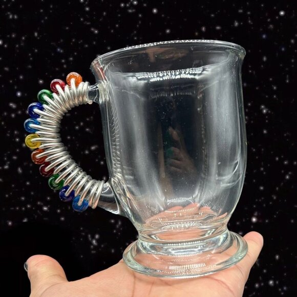 Anchor Hocking Glass Clear Mug With Metal Wrap Handle Set 2 Rainbow Beads 5”T - Picture 7 of 10